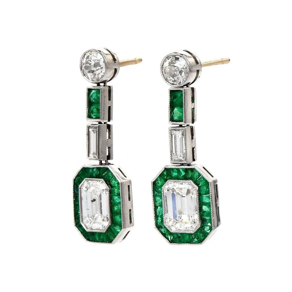 Bezel Set Emerald Cut Diamond, Emerald, and European Cut Diamond Art Deco Drop Earrings