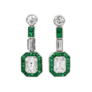 Bezel Set Emerald Cut Diamond, Emerald, and European Cut Diamond Art Deco Drop Earrings