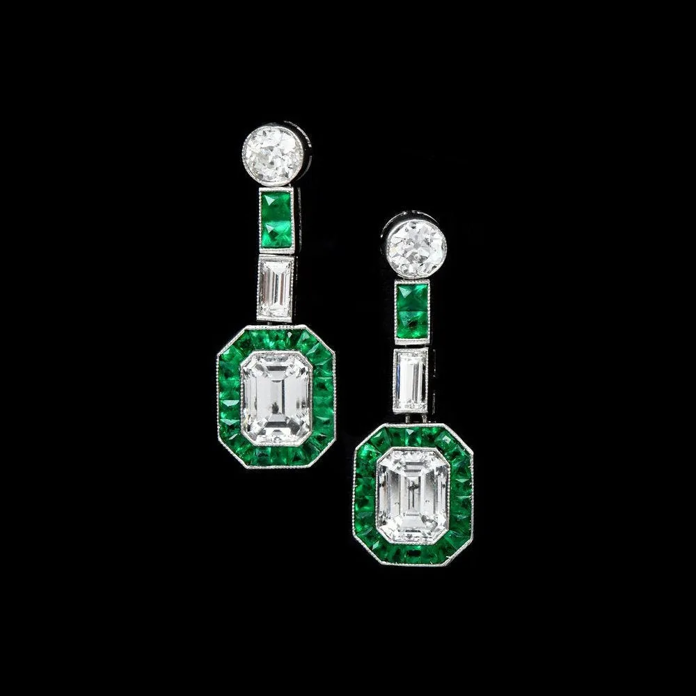 Bezel Set Emerald Cut Diamond, Emerald, and European Cut Diamond Art Deco Drop Earrings