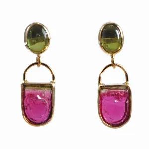 Bi-Color Tourmaline 6.02 ct with Green Tourmaline 2.68 ct Handcrafted 14K Carved Gemstone Earrings