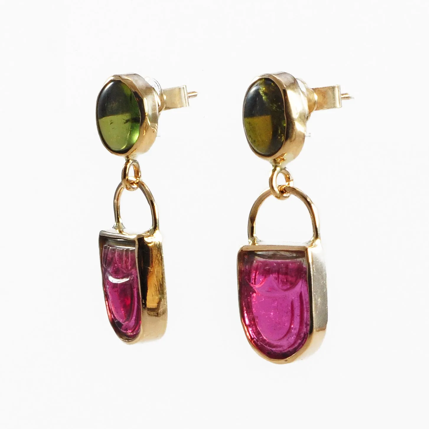 Bi-Color Tourmaline 6.02 ct with Green Tourmaline 2.68 ct Handcrafted 14K Carved Gemstone Earrings