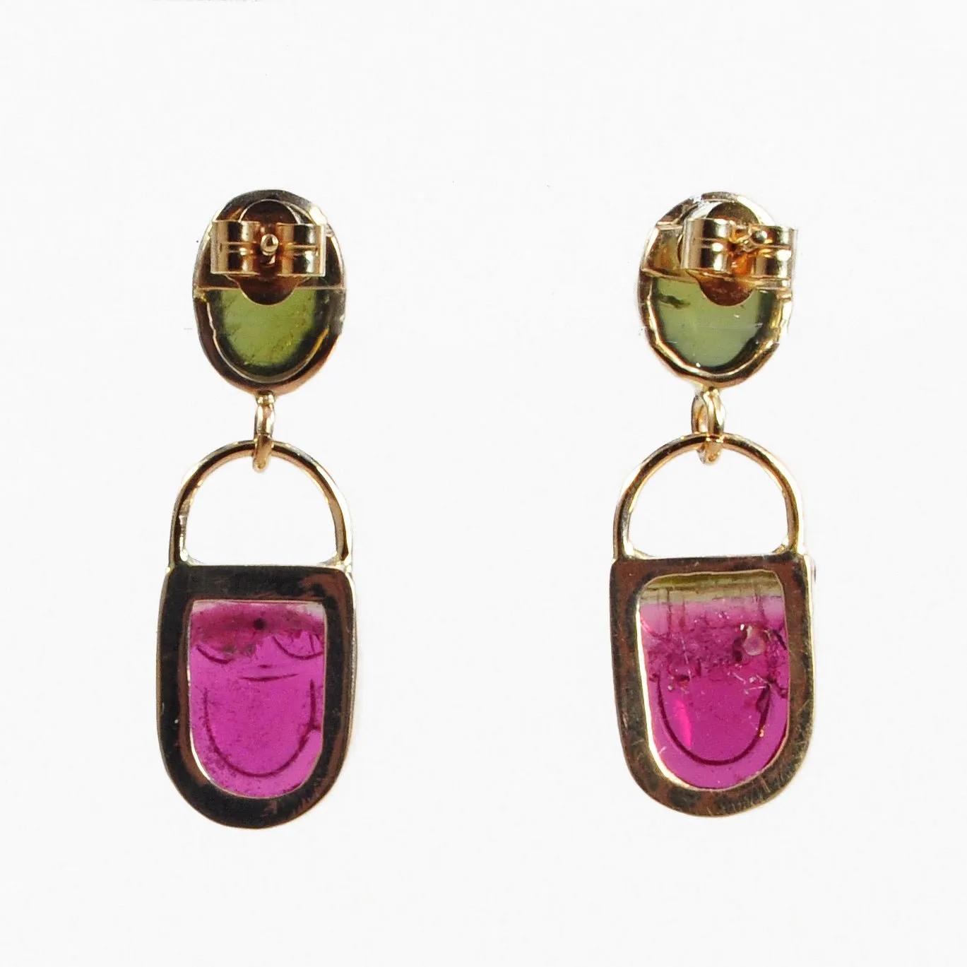 Bi-Color Tourmaline 6.02 ct with Green Tourmaline 2.68 ct Handcrafted 14K Carved Gemstone Earrings