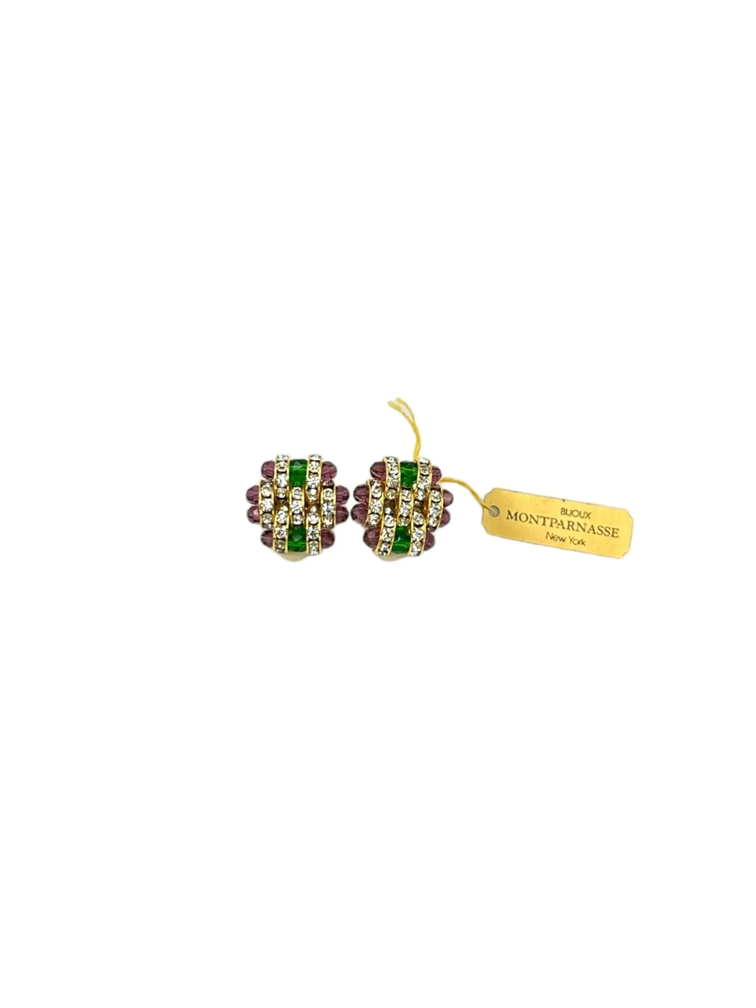 Bijoux Montparnasse Art Deco Style Green & Purple Basketweave Crystal Vintage Clip-On Earrings