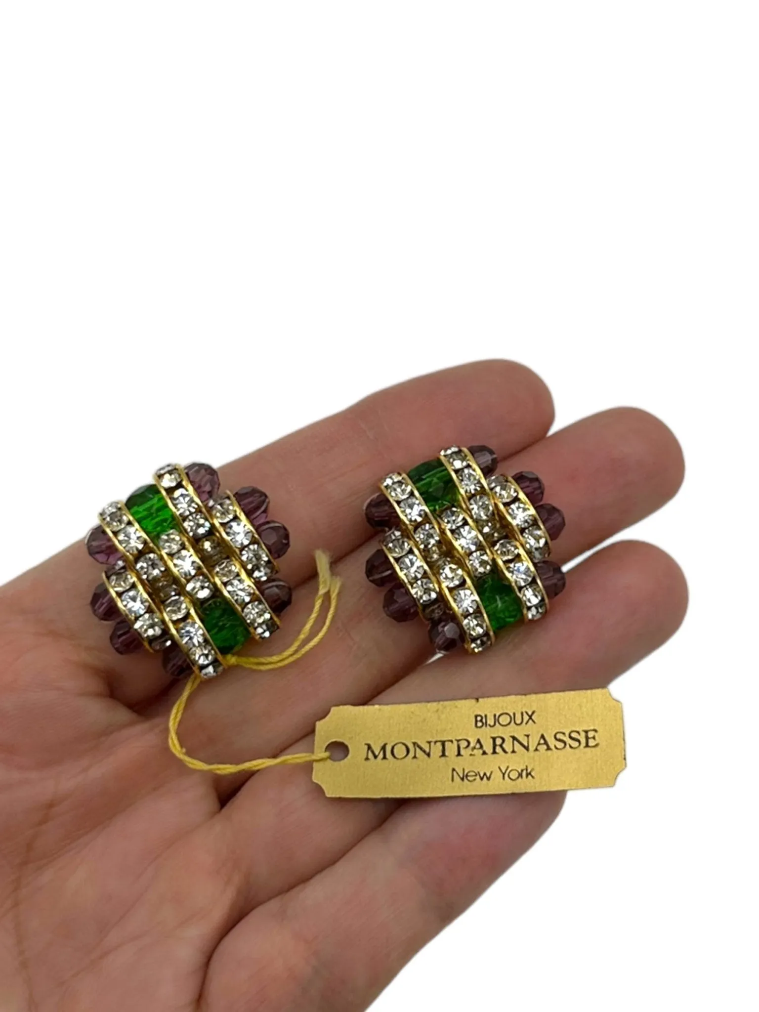 Bijoux Montparnasse Art Deco Style Green & Purple Basketweave Crystal Vintage Clip-On Earrings
