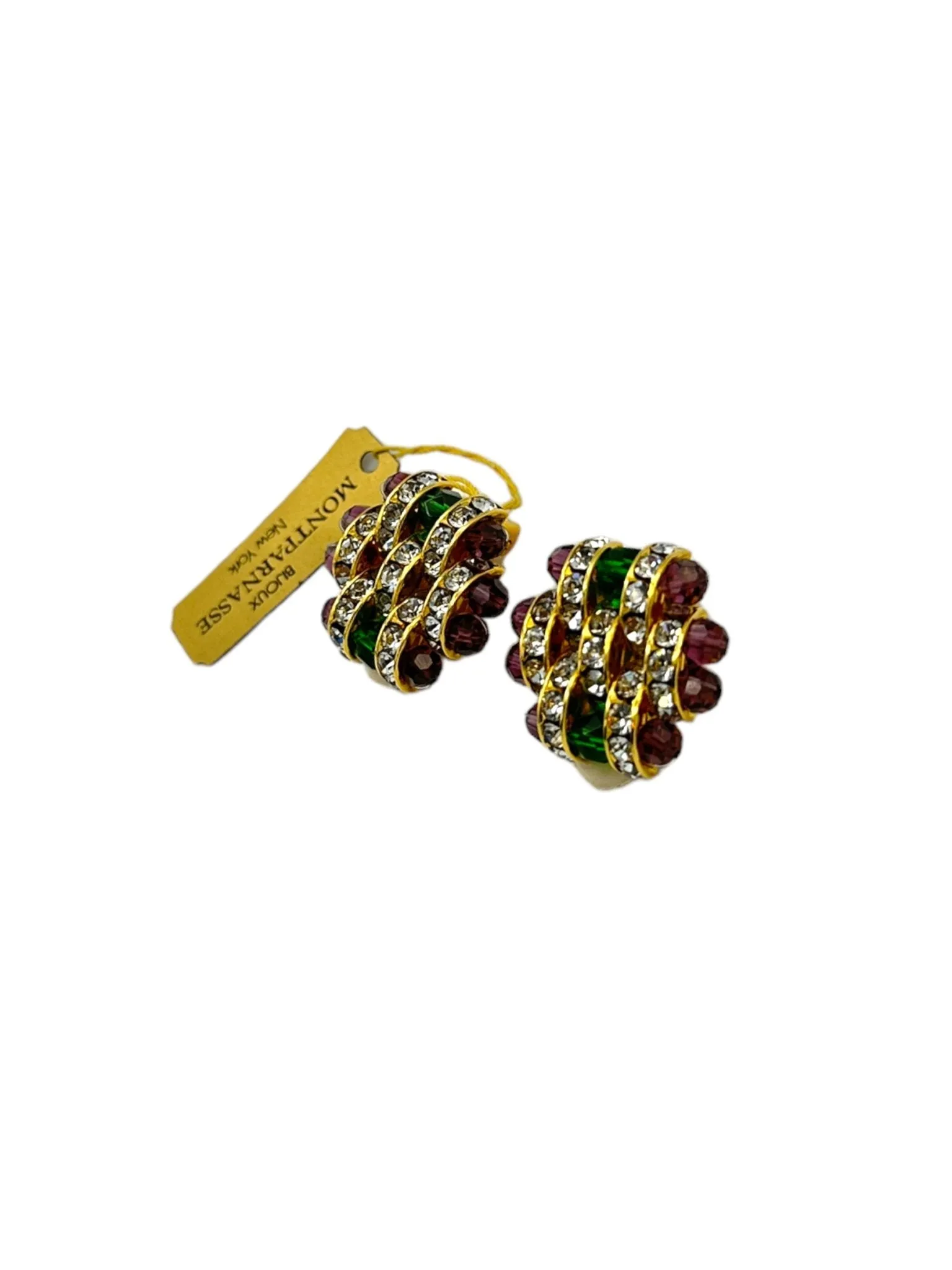 Bijoux Montparnasse Art Deco Style Green & Purple Basketweave Crystal Vintage Clip-On Earrings