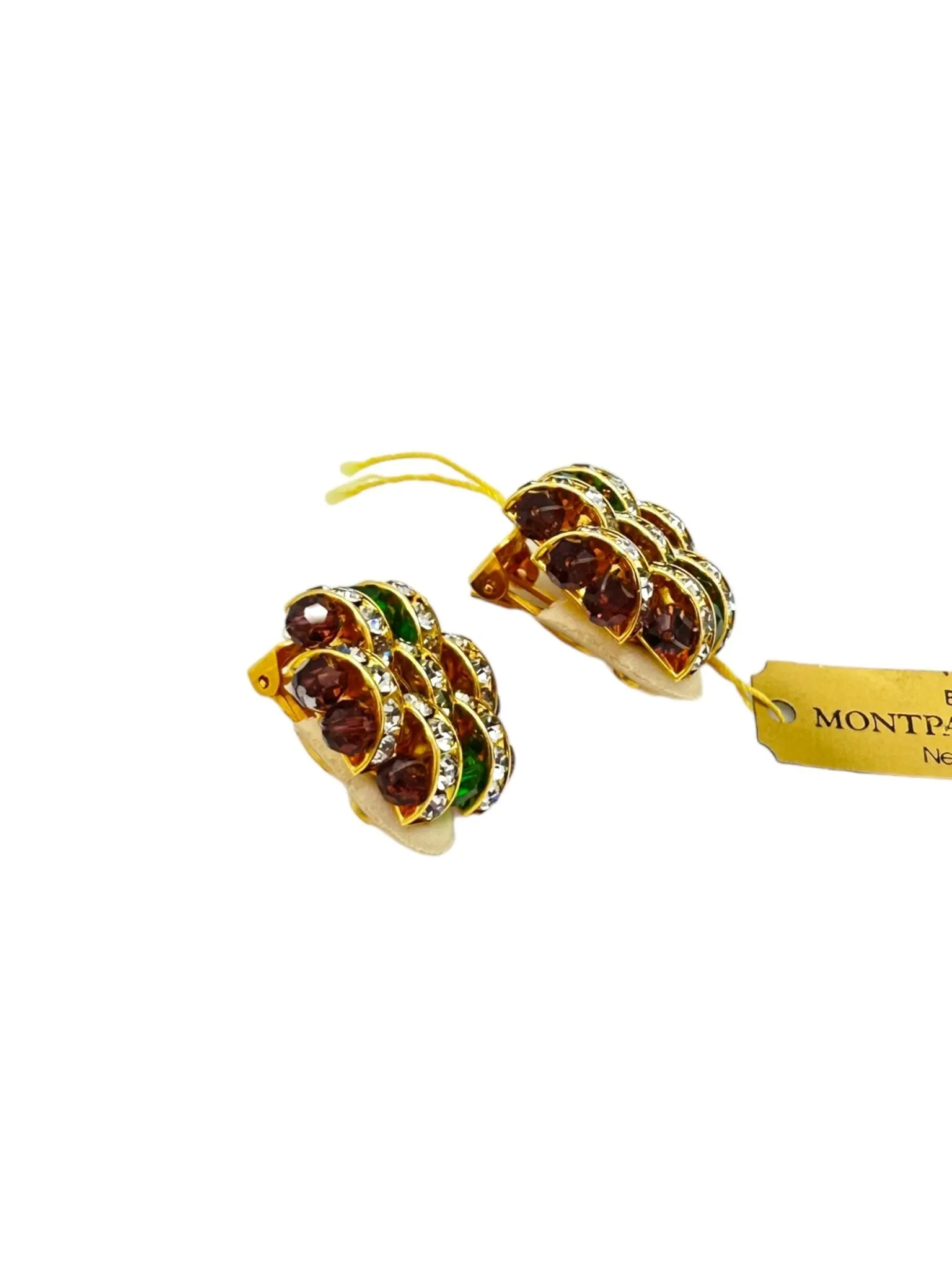 Bijoux Montparnasse Art Deco Style Green & Purple Basketweave Crystal Vintage Clip-On Earrings