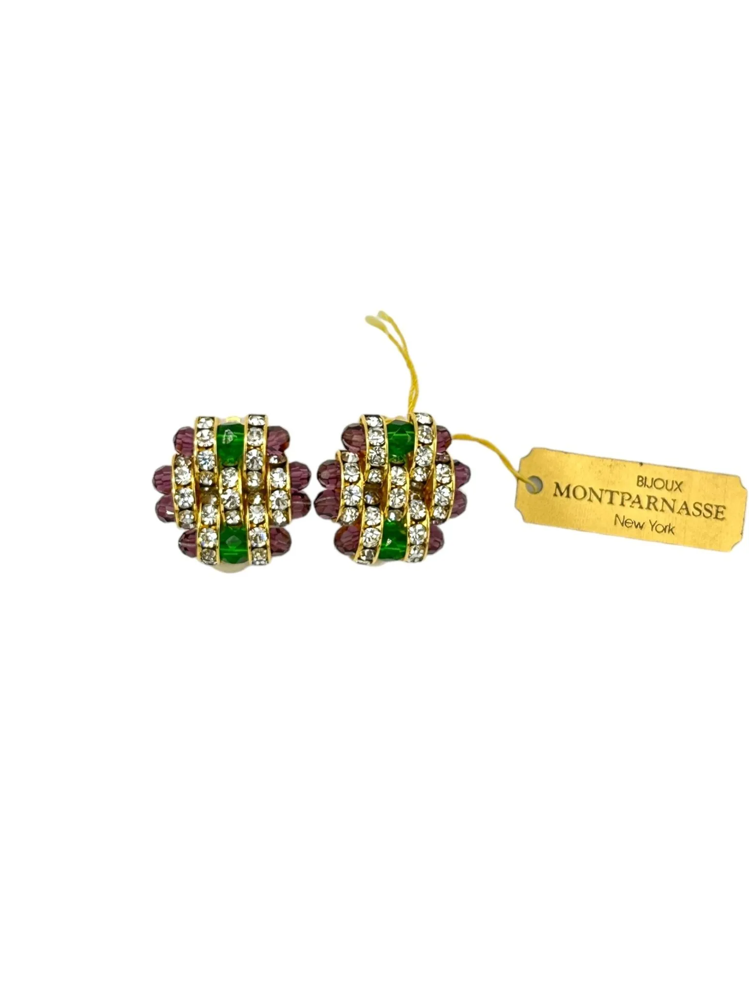 Bijoux Montparnasse Art Deco Style Green & Purple Basketweave Crystal Vintage Clip-On Earrings