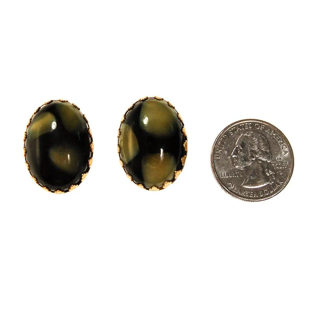 Black and Lemon Citrine Molted Art Glass Earrings, Cabochons, Camouflage, Oval Shape, Clip On, 1950s, 1960s Era