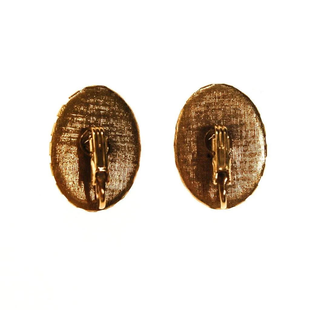 Black and Lemon Citrine Molted Art Glass Earrings, Cabochons, Camouflage, Oval Shape, Clip On, 1950s, 1960s Era