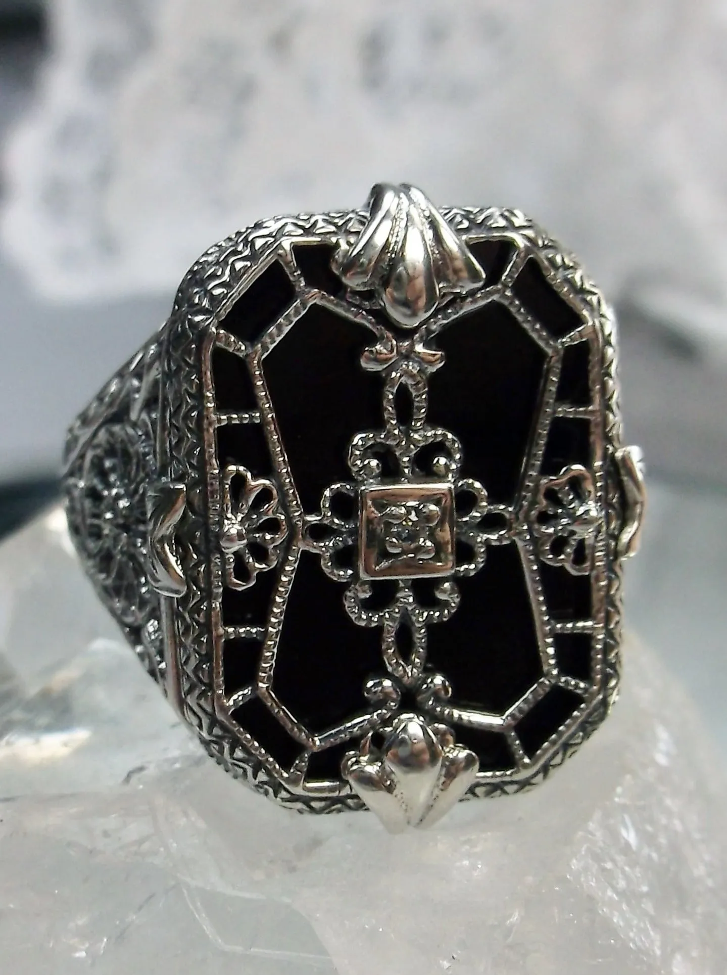 Black Camphor Glass Ring or Jewelry Set, Camphor Glass & Inset Gem, Art Deco Jewelry #S203
