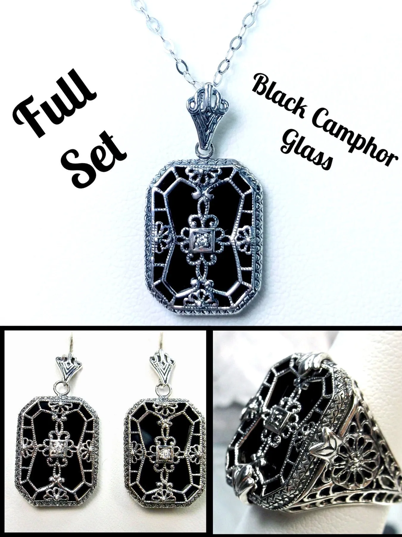 Black Camphor Glass Ring or Jewelry Set, Camphor Glass & Inset Gem, Art Deco Jewelry #S203