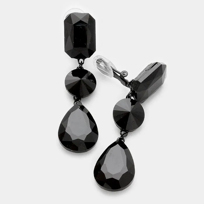 Black Crystal Triple Drop Geometric Shape Clip On Pageant Earrings on Gold  | Prom Earrings | 249186