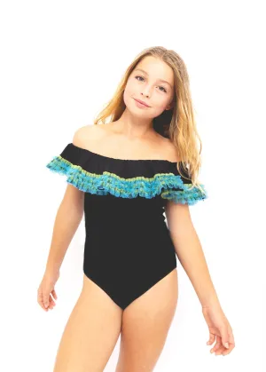 Black Swimsuit with Anemone Fringe