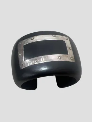 Black Wood Cuff with Silver Square Design