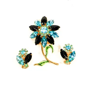 Blue, Black, Green Rhinestone Flower Brooch and Earrings Set