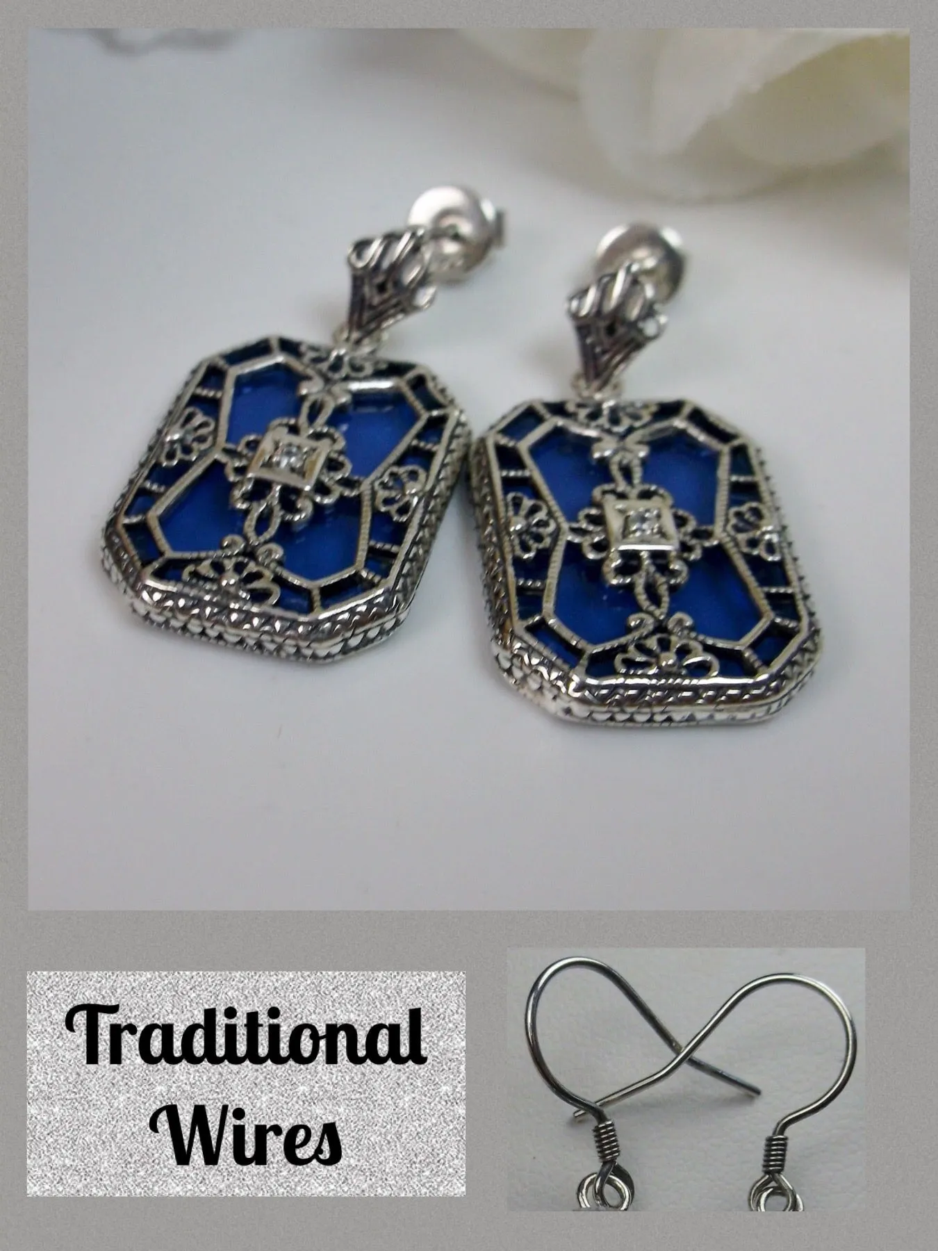 Blue Camphor Glass Earrings, Stained Glass Art Deco 1930's Revival Jewelry #E203