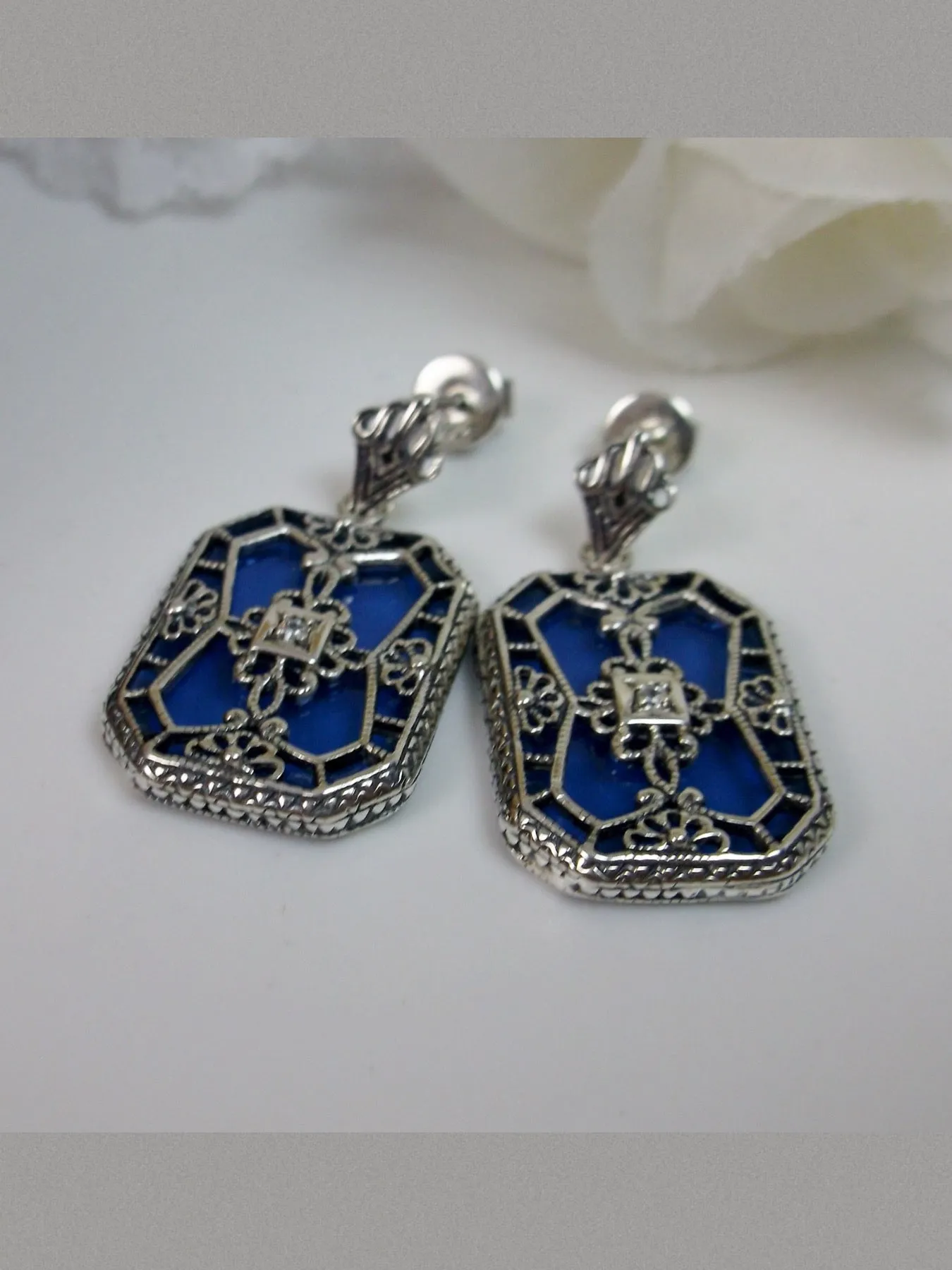 Blue Camphor Glass Earrings, Stained Glass Art Deco 1930's Revival Jewelry #E203