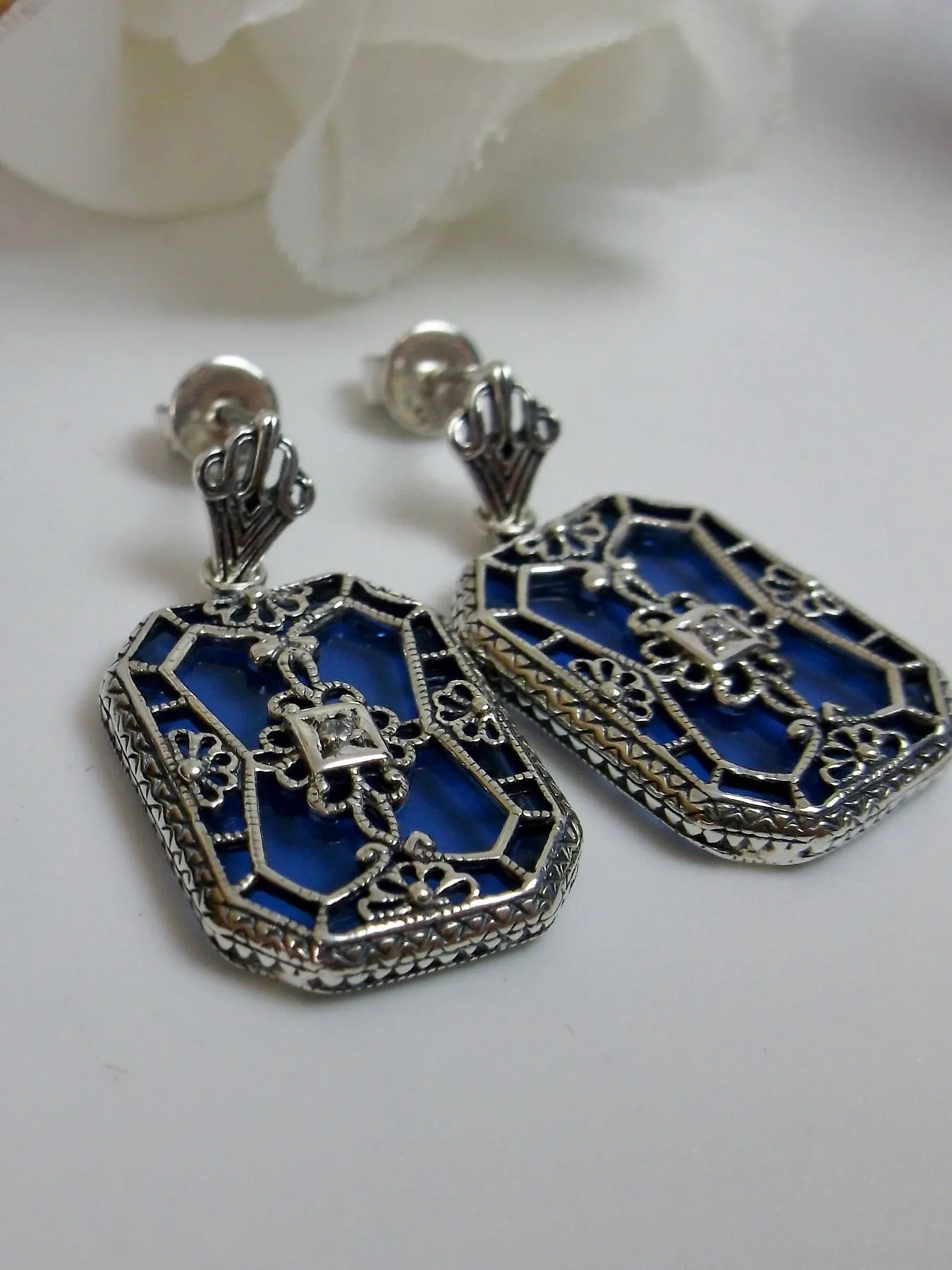 Blue Camphor Glass Earrings, Stained Glass Art Deco 1930's Revival Jewelry #E203