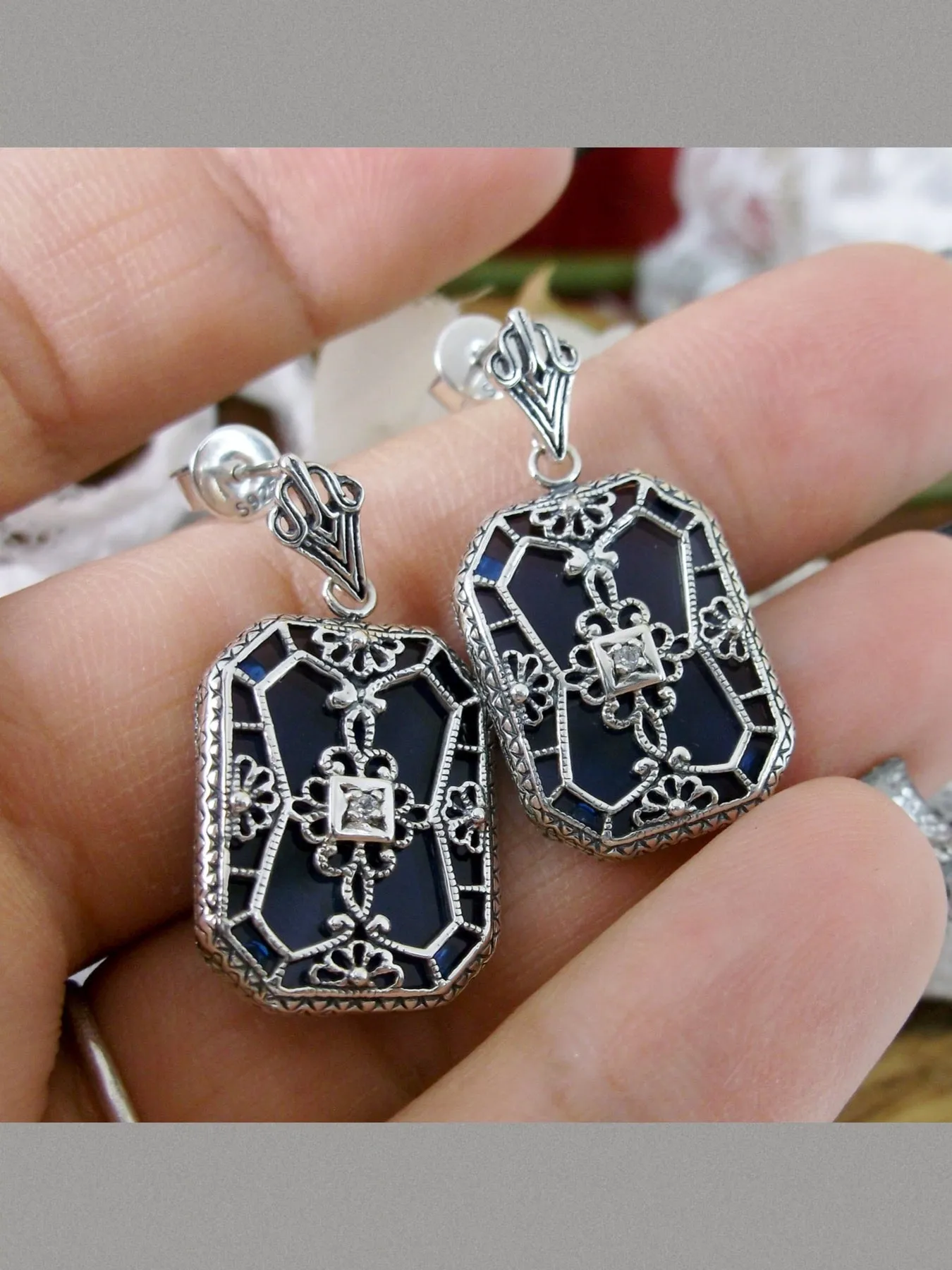 Blue Camphor Glass Earrings, Stained Glass Art Deco 1930's Revival Jewelry #E203