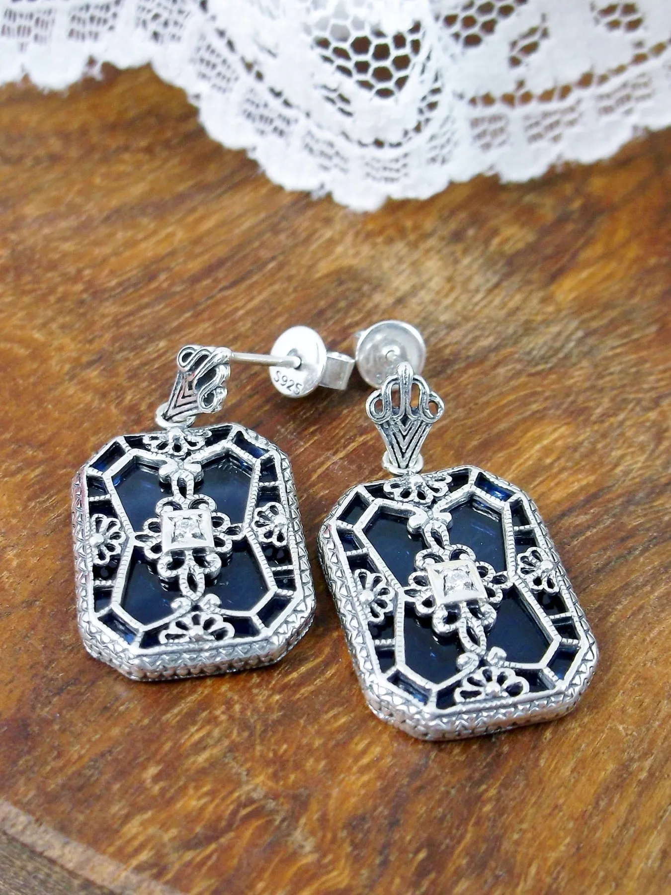 Blue Camphor Glass Earrings, Stained Glass Art Deco 1930's Revival Jewelry #E203