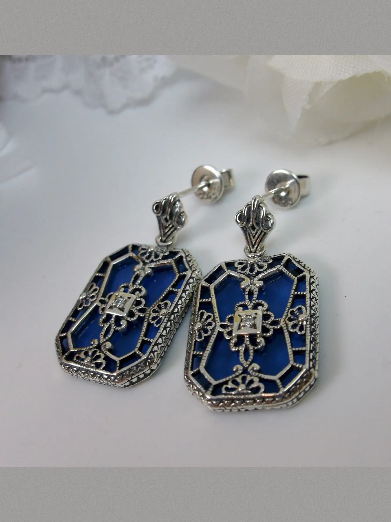 Blue Camphor Glass Earrings, Stained Glass Art Deco 1930's Revival Jewelry #E203