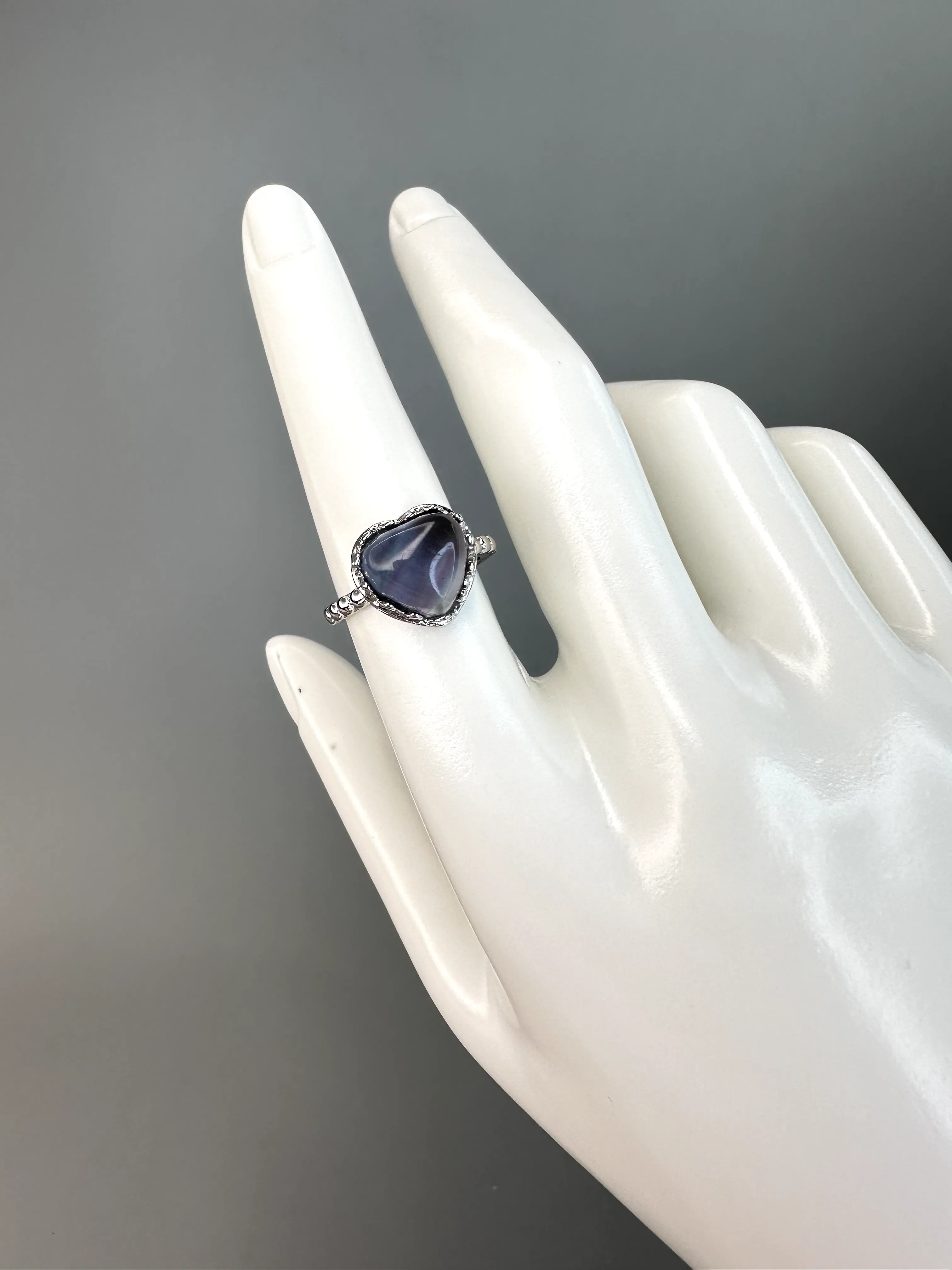 Blue Fluorite Heart Ring | Adjustable | Silver Plated