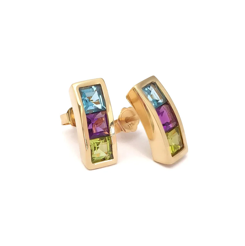 Blue Topaz, Amethyst and Peridot Channel Set Yellow Gold Earrings
