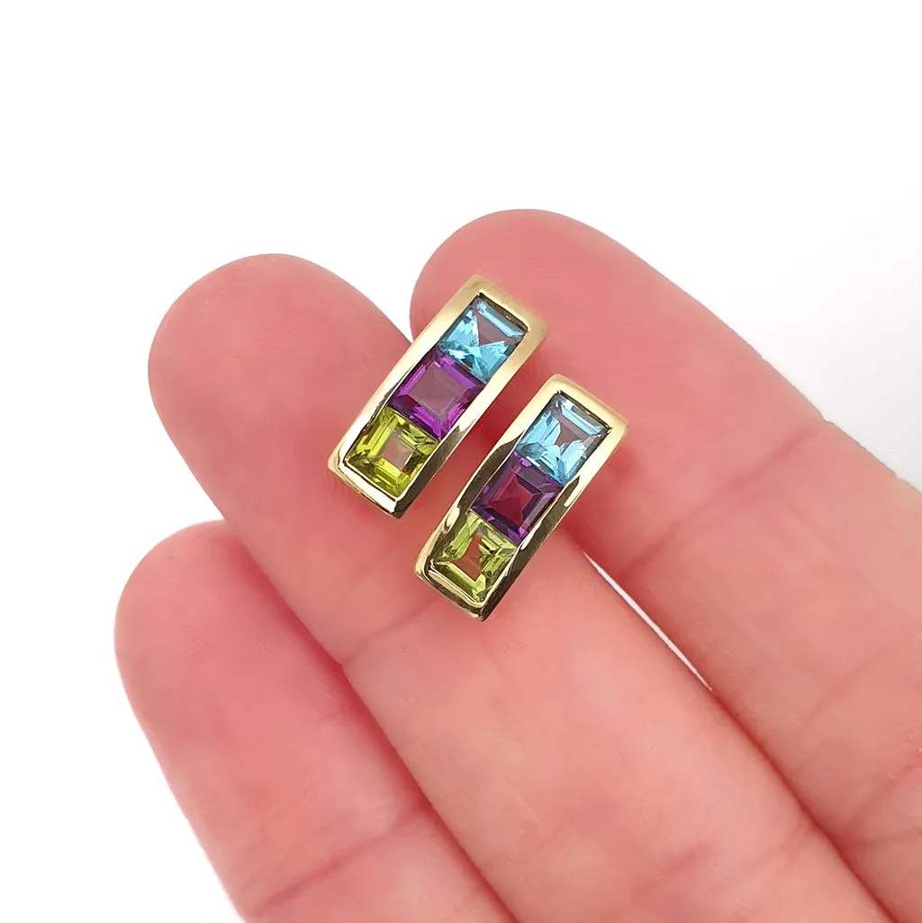 Blue Topaz, Amethyst and Peridot Channel Set Yellow Gold Earrings