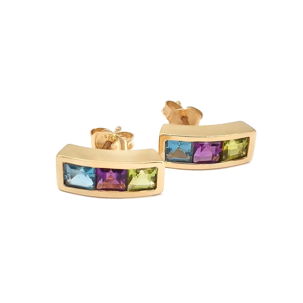Blue Topaz, Amethyst and Peridot Channel Set Yellow Gold Earrings