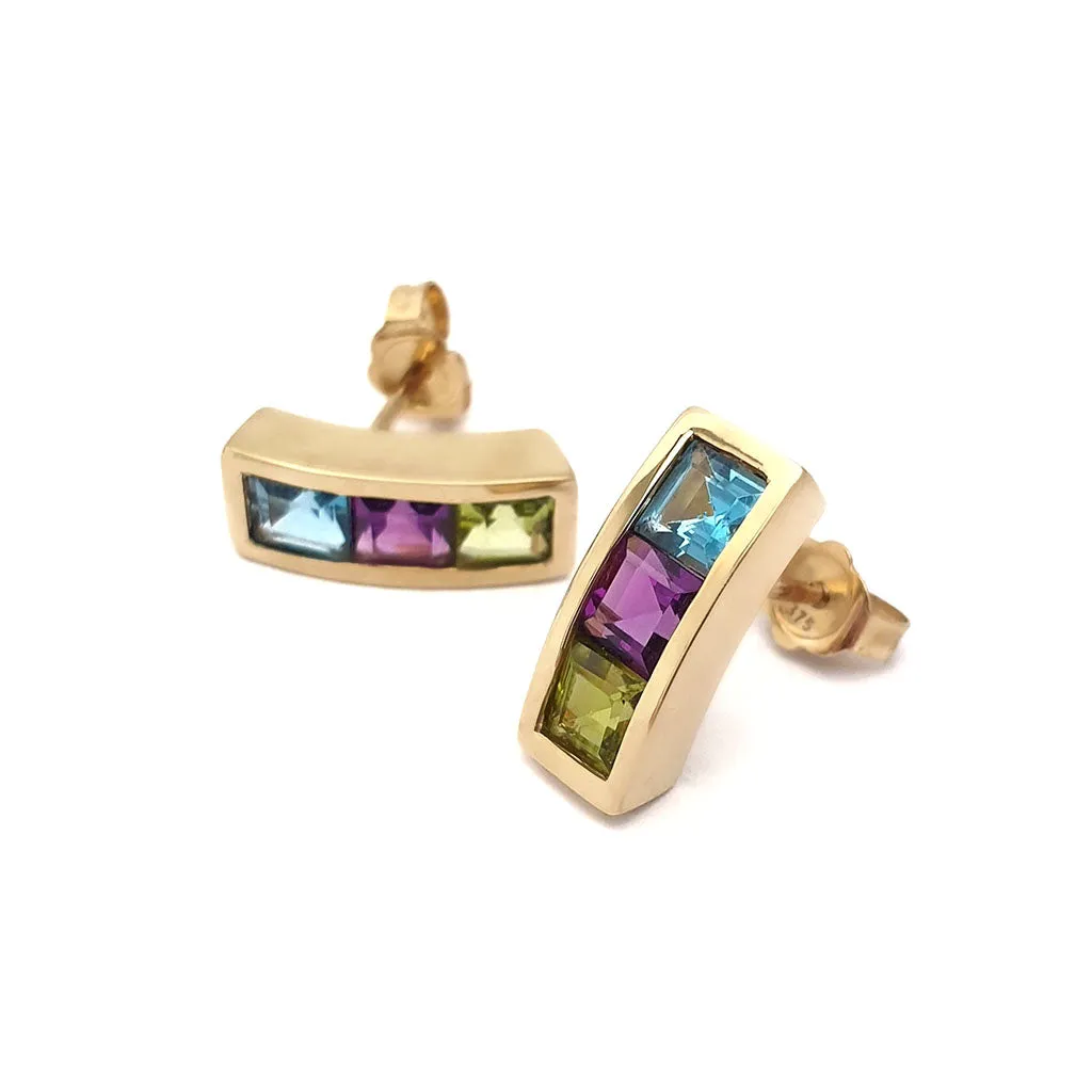 Blue Topaz, Amethyst and Peridot Channel Set Yellow Gold Earrings