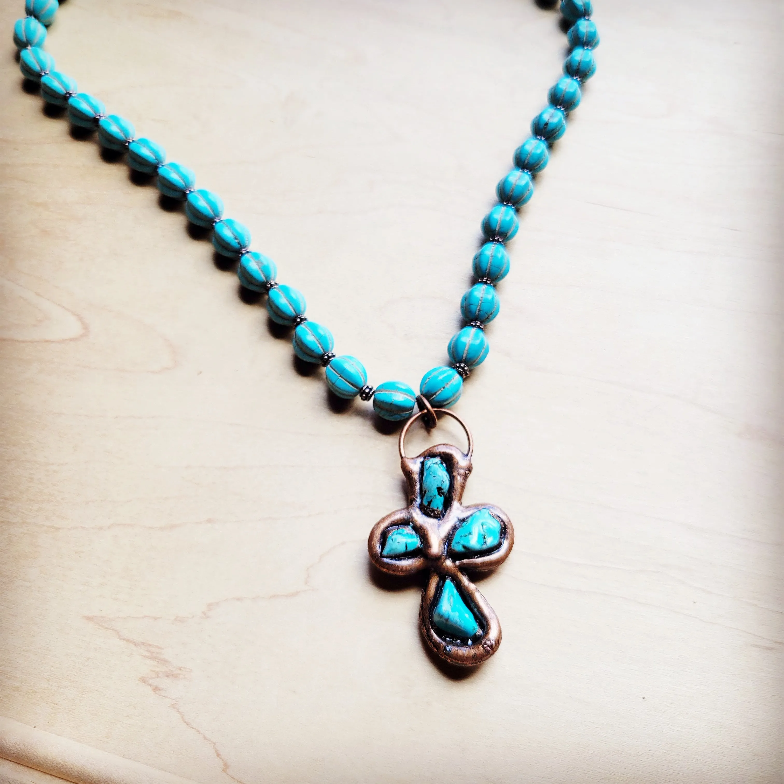 Blue Turquoise Melon Beaded Necklace w/ Copper Cross 260g