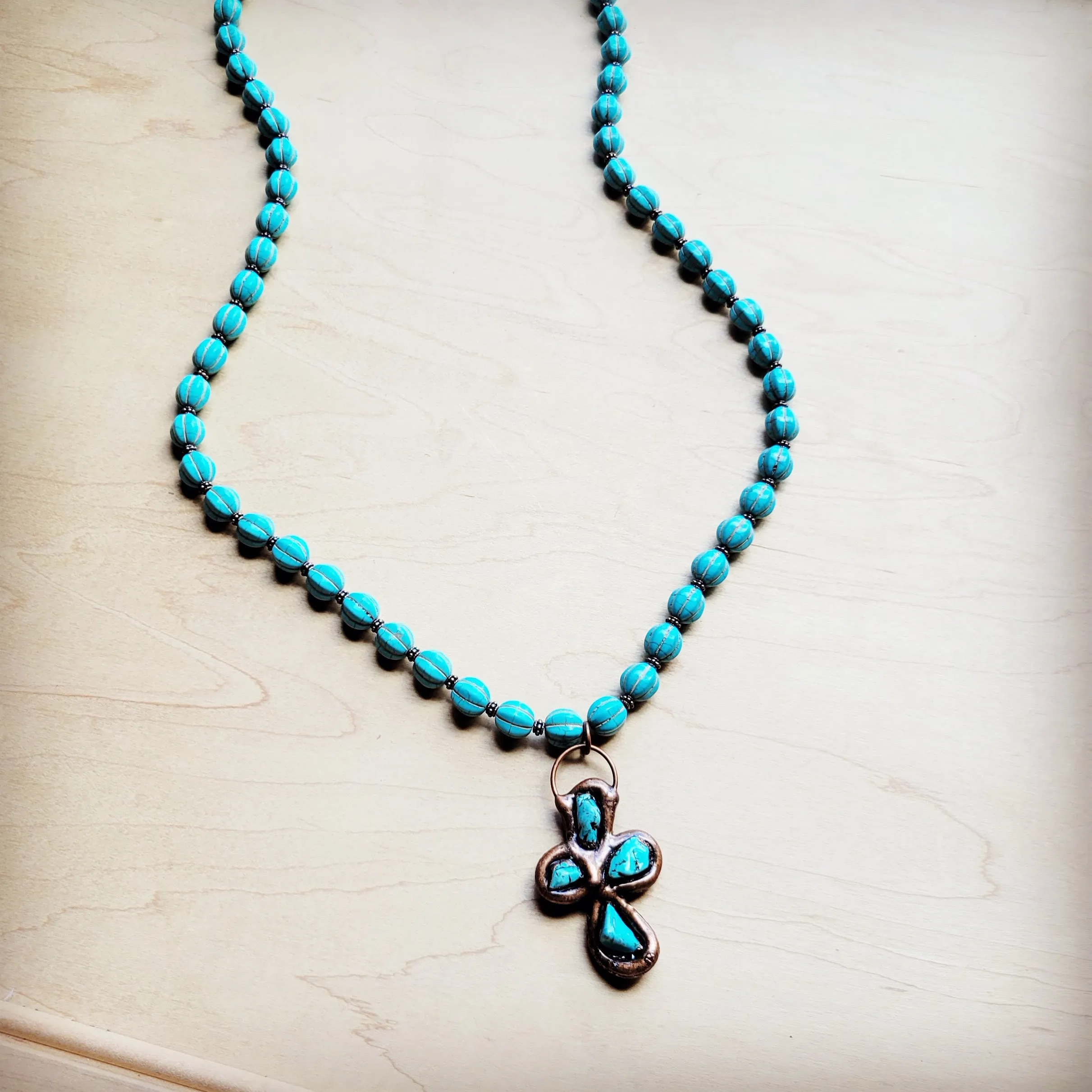 Blue Turquoise Melon Beaded Necklace w/ Copper Cross 260g