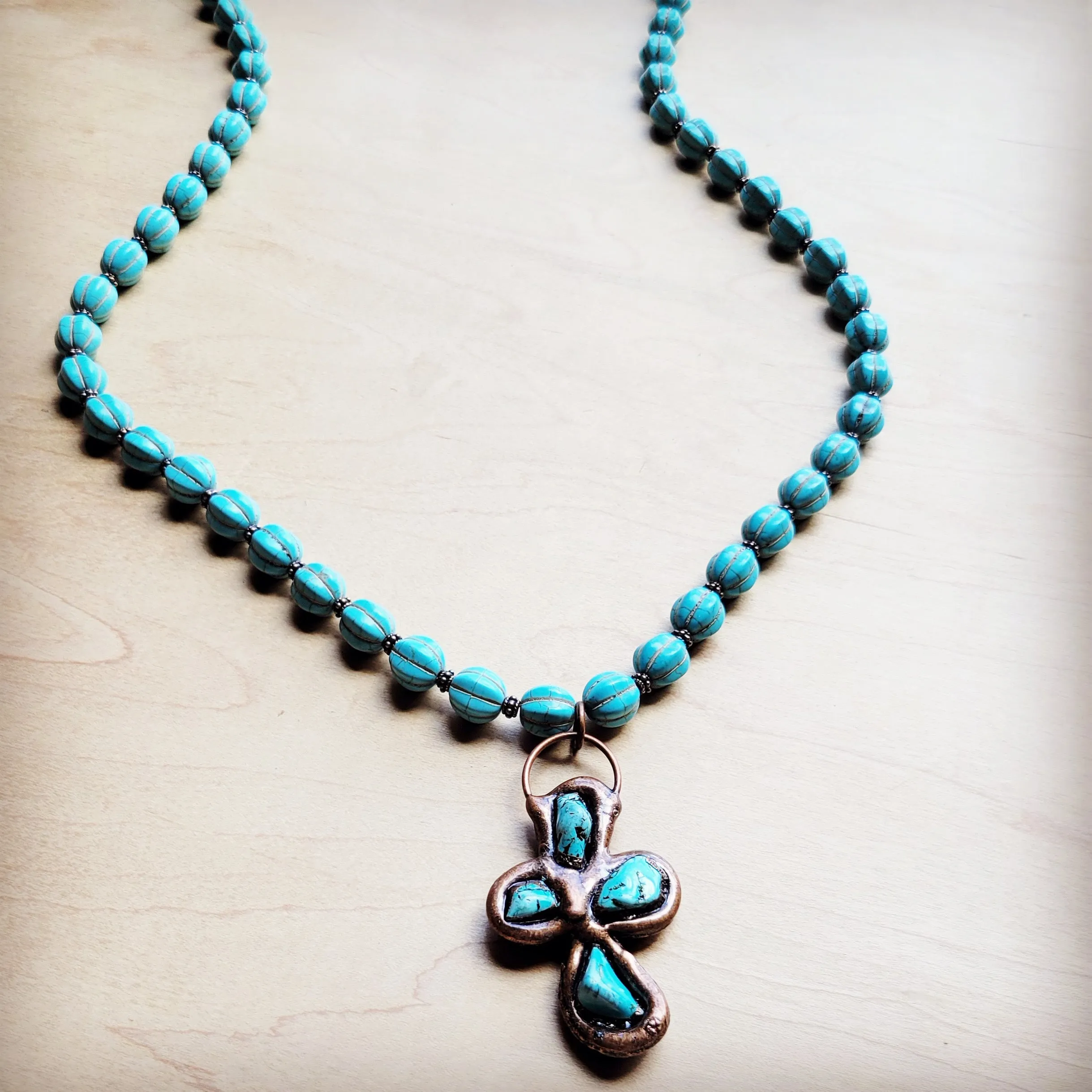 Blue Turquoise Melon Beaded Necklace w/ Copper Cross 260g