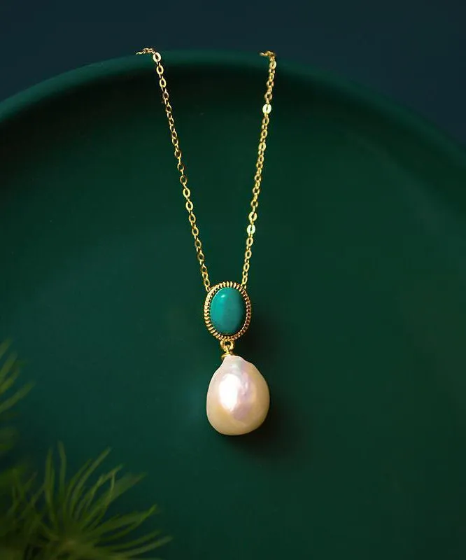 Bohemian Gold Sterling Silver Overgild Turquoise Pearl Pendant Necklace