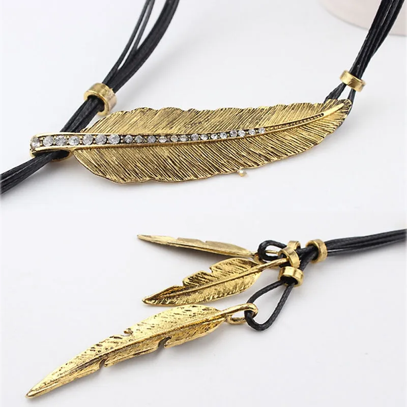 Bohemian Rope Chain Leaf Feather Pendant