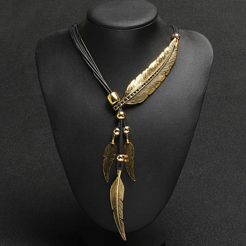 Bohemian Rope Chain Leaf Feather Pendant