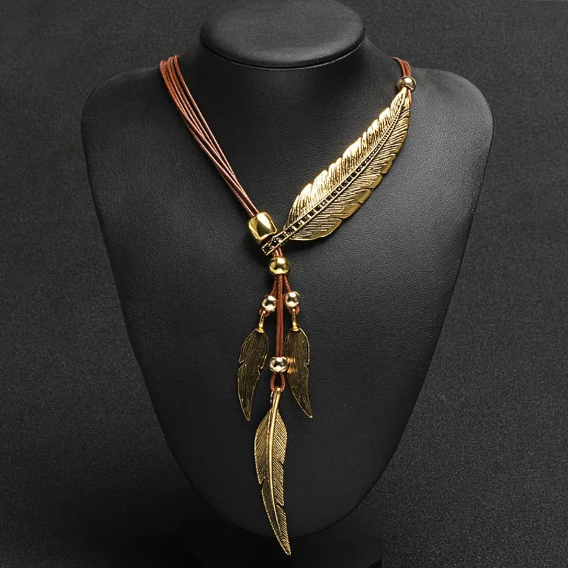 Bohemian Rope Chain Leaf Feather Pendant