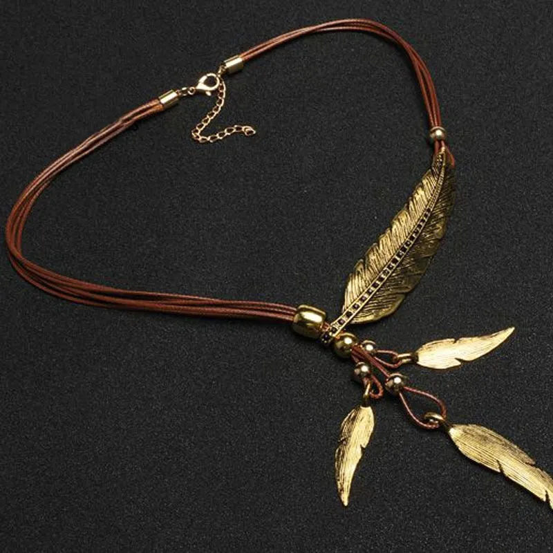 Bohemian Rope Chain Leaf Feather Pendant