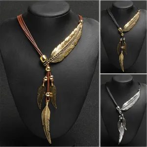 Bohemian Rope Chain Leaf Feather Pendant