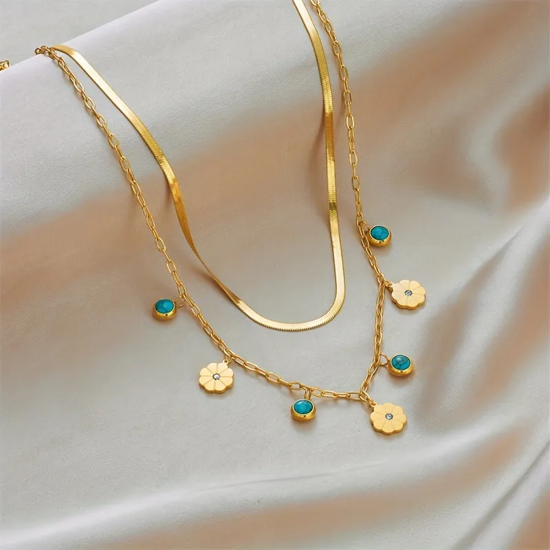Boho Vintage Stainless Steel Double Chain Necklace with Flower Turquoise Pendant