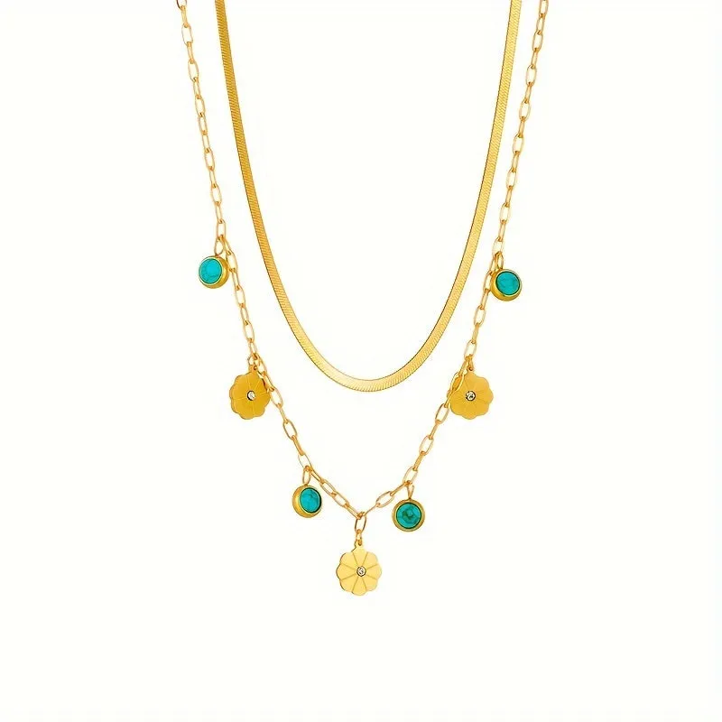 Boho Vintage Stainless Steel Double Chain Necklace with Flower Turquoise Pendant