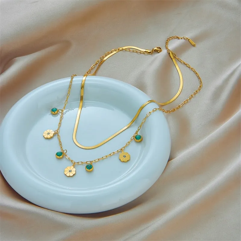 Boho Vintage Stainless Steel Double Chain Necklace with Flower Turquoise Pendant