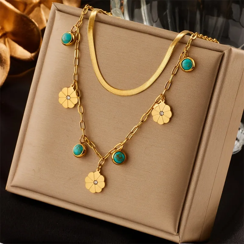 Boho Vintage Stainless Steel Double Chain Necklace with Flower Turquoise Pendant