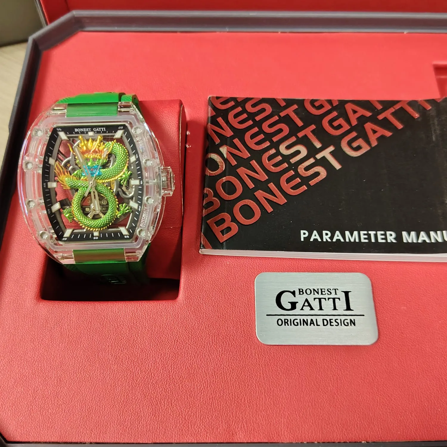 BONEST GATTI Crystal Case Dragon Barrel shaped Skeleton Movement K9 Crystal Case Fluororubber Strap Watch Luminous