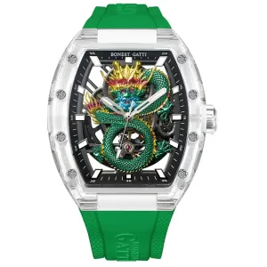 BONEST GATTI Crystal Case Dragon Barrel shaped Skeleton Movement K9 Crystal Case Fluororubber Strap Watch Luminous