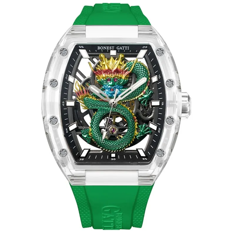 BONEST GATTI Crystal Case Dragon Barrel shaped Skeleton Movement K9 Crystal Case Fluororubber Strap Watch Luminous