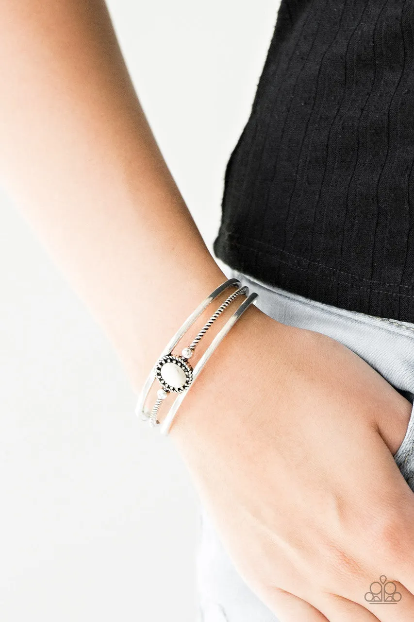 Borderline Borderland - White - Oval Stone Silver Frame Paparazzi Cuff Bracelet