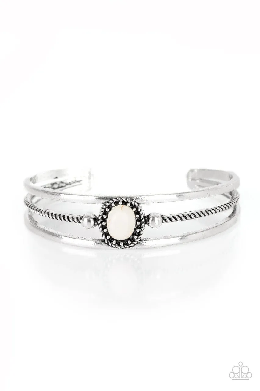 Borderline Borderland - White - Oval Stone Silver Frame Paparazzi Cuff Bracelet