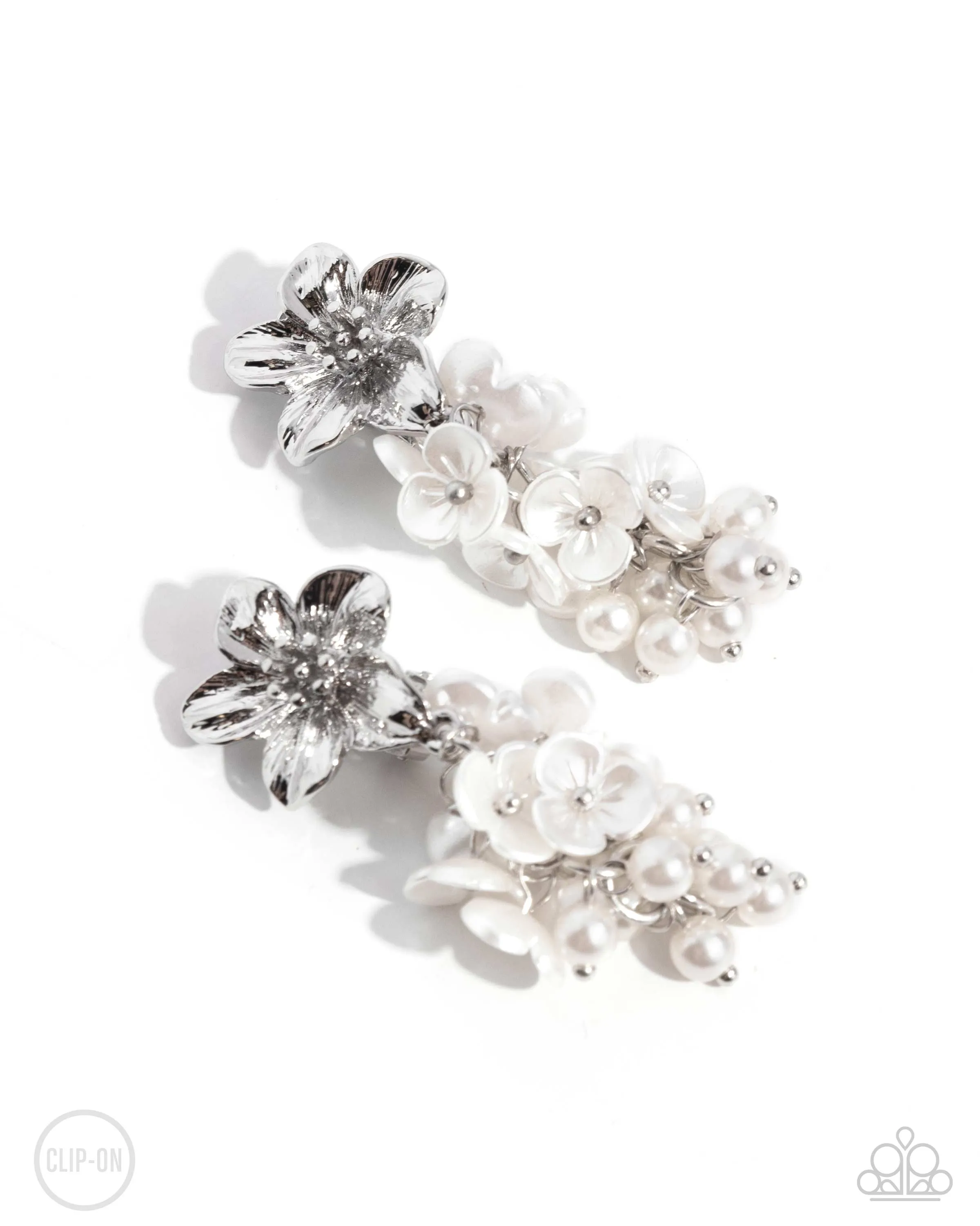 Bouquet Bling - White - Pearl and Flower Bead Paparazzi Clip-On Earrings
