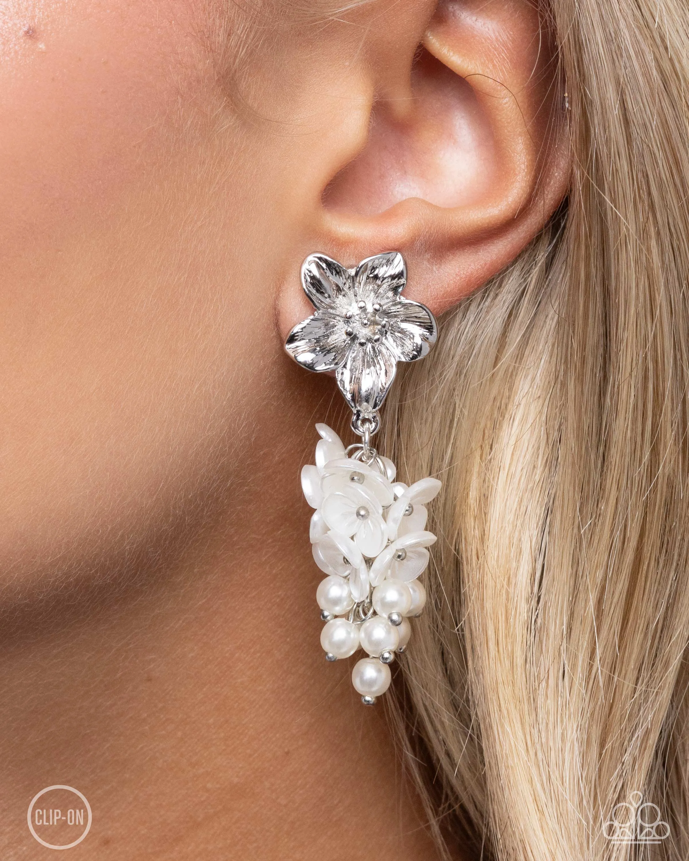 Bouquet Bling - White - Pearl and Flower Bead Paparazzi Clip-On Earrings